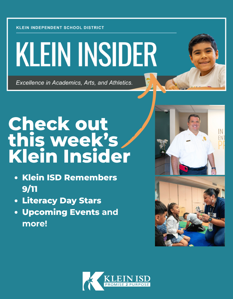 Blue background with "Klein Insider" in large white text. Three photos: a boy, a policeman, and a nurse with children. Text highlights "Check out this week's Klein Insider" and lists topics.
