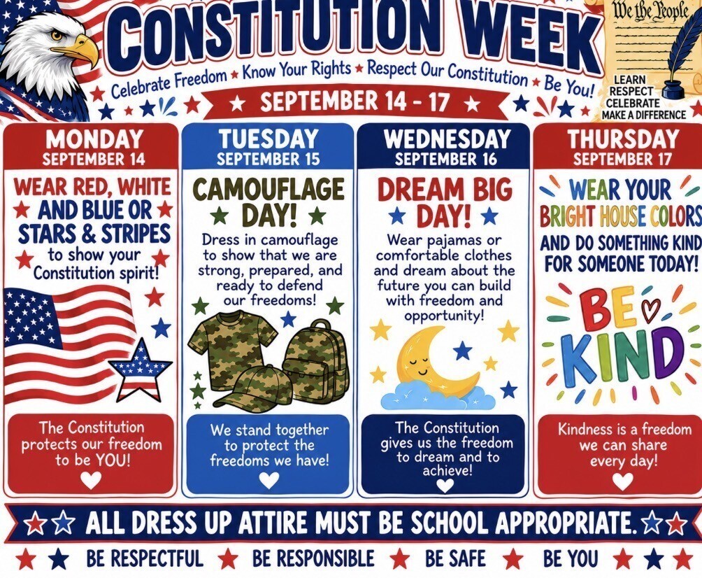 Poster lists daily activities for Constitution Week. Colors, themes, and messages are listed for each day.