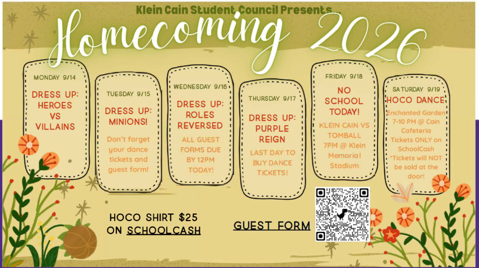 A poster with a brown background lists "Homecoming 2026" in large text, followed by smaller text for events and dates.