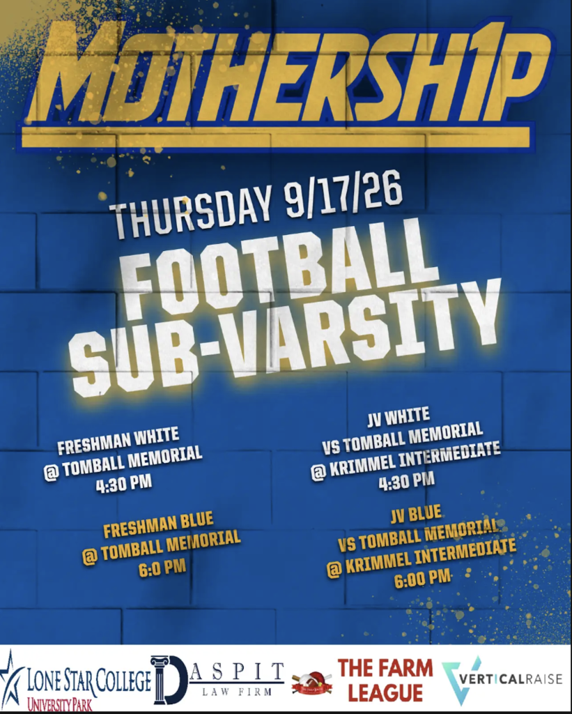 Blue and yellow poster for a college football event with the title "Mothership Football Sub-Varsity." It lists two games, one at 4:30 and another at 6:00 PM.