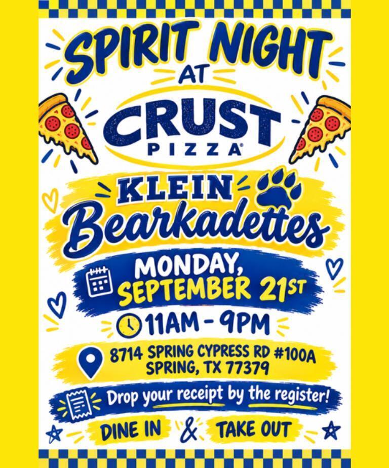 Event poster for Spirit Night at Crust Pizza Klein Bearkadettes, on September 21st, 11am to 9pm.