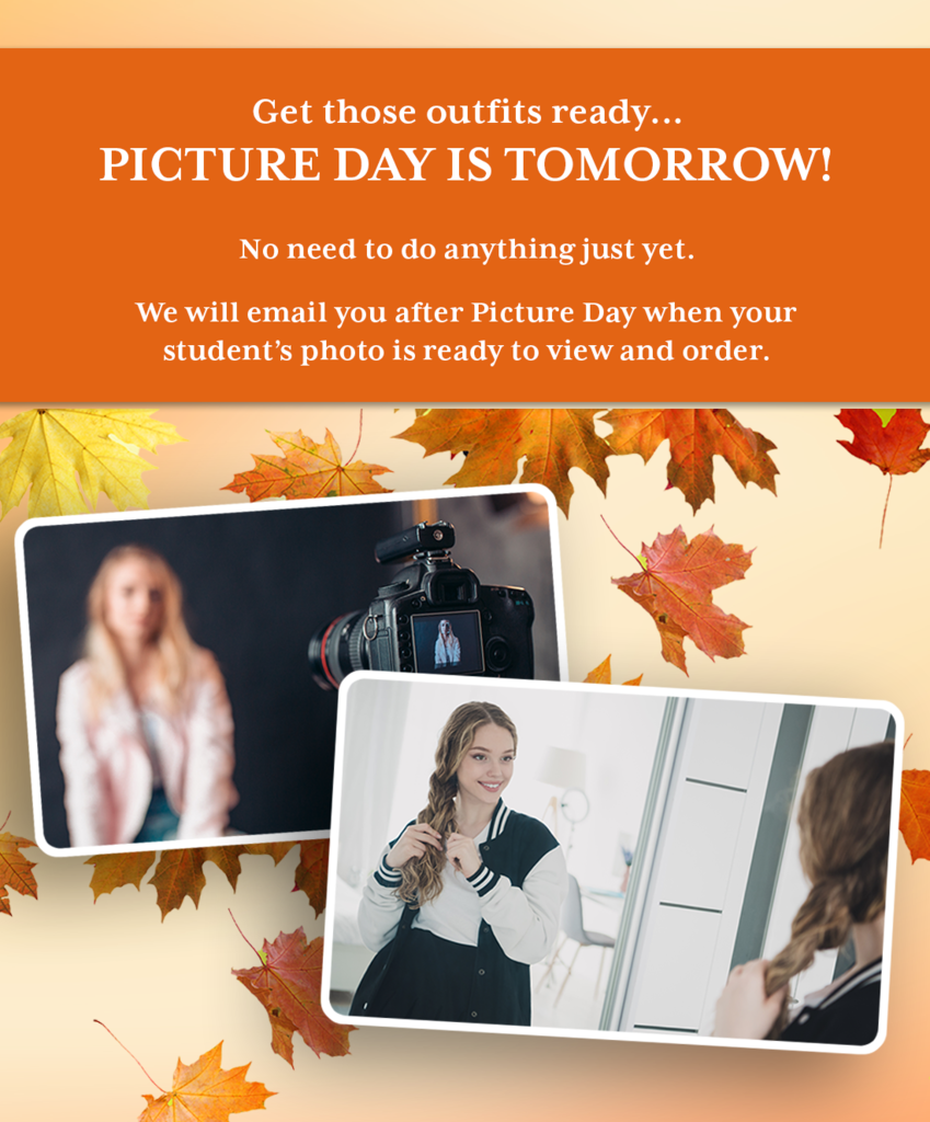 A flyer about Picture Day with two photos of women getting ready and autumn leaves in the background.
