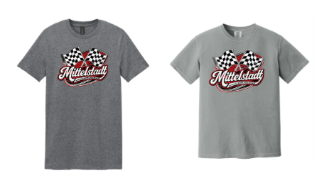 Two gray t-shirts with checkered flags and the word "Mittelstadt" in red, one on the front and one on the back.