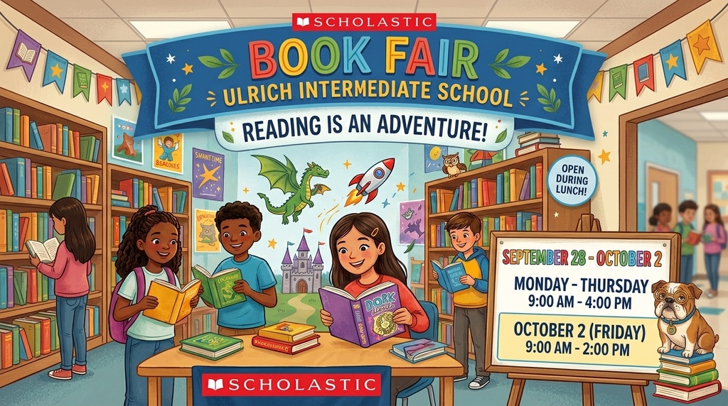 Children gather around a table in a library. Colorful decorations, books, and a sign that reads "Book Fair" and "Reading is an adventure."