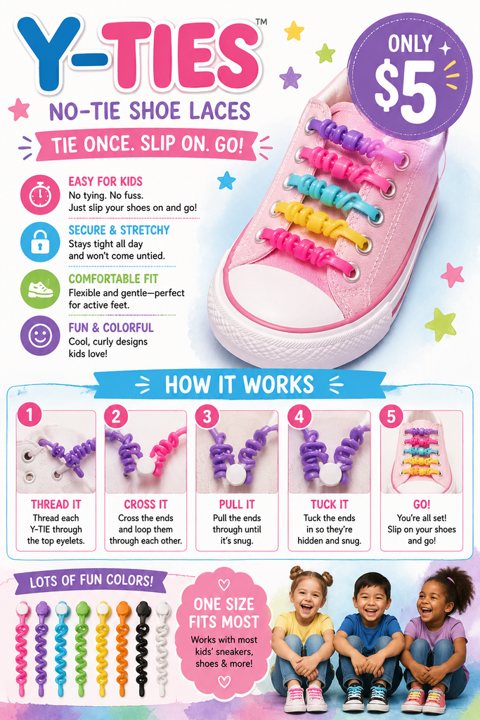 Flyer with a pink shoe displaying colorful shoelaces. Below are steps for threading the laces, and a row of children.