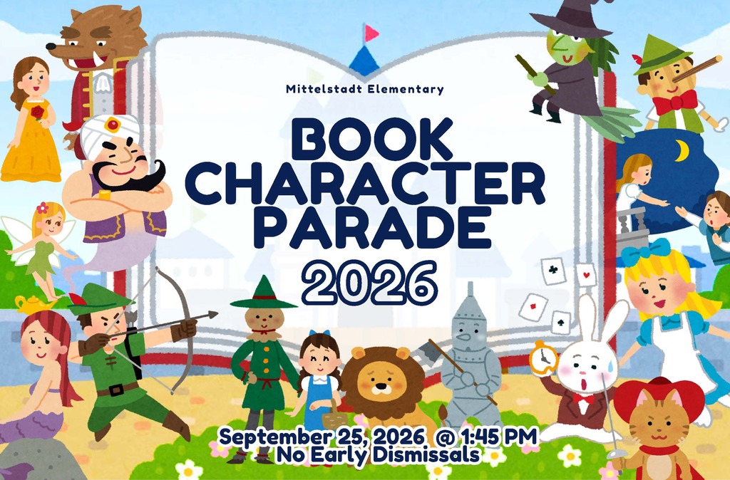 Book character parade graphic with various cartoon characters. It includes a lion, witch, lion, and others.