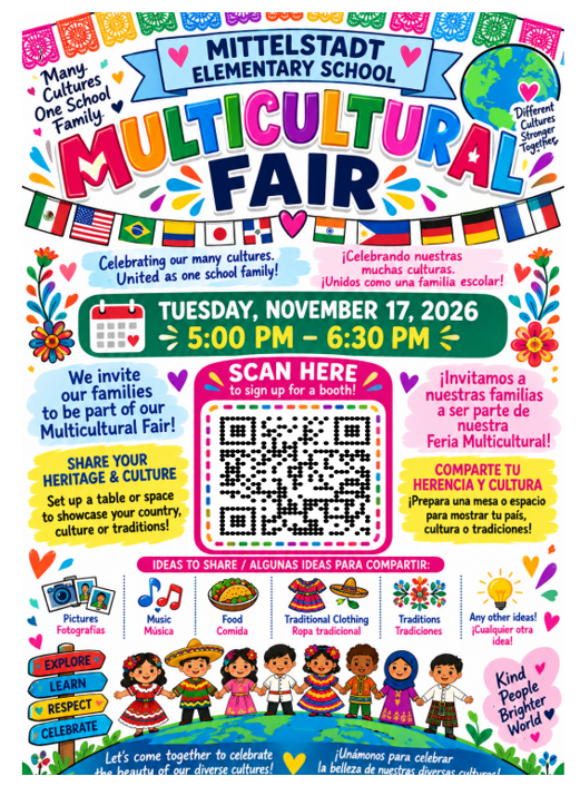 A colorful flyer for a multicultural fair. It includes a QR code, event date, and a call to action to celebrate diverse cultures.