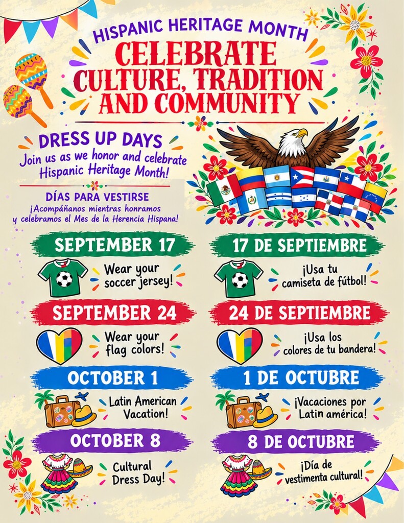 Poster with colorful graphics, text, and flags. It says "Hispanic Heritage Month Celebrate Culture, Tradition, and Community" and dates for events.
