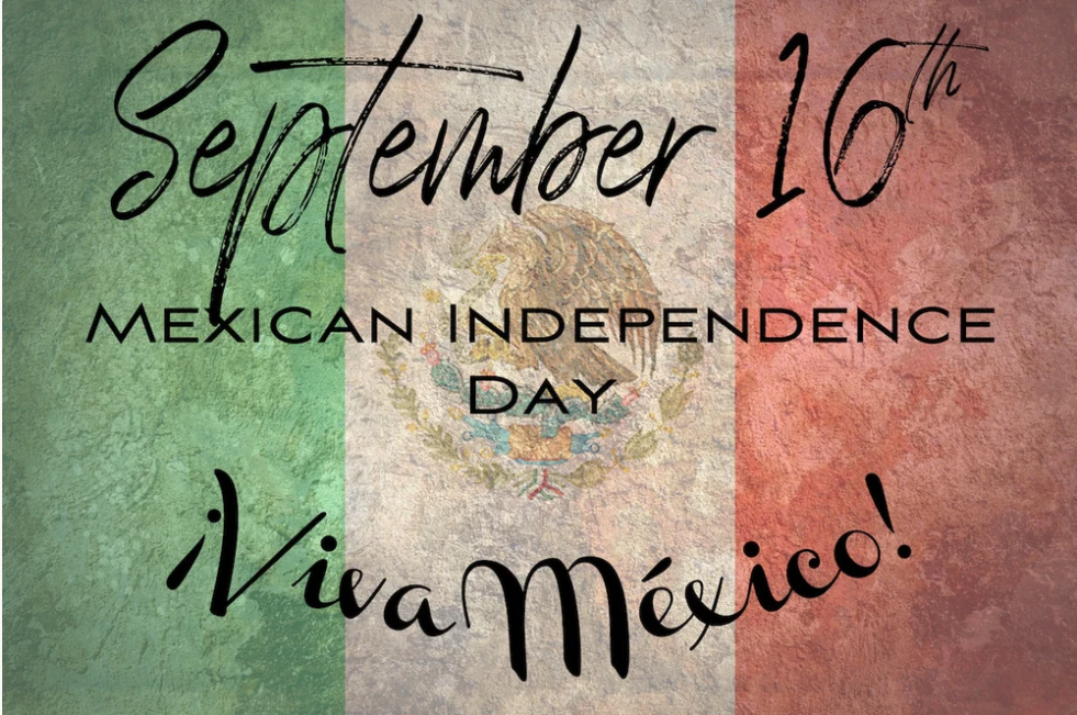 Banner with green, white, and red stripes, featuring text "September 16th" and "Mexican Independence Day" in black font, and "Viva Mexico!" below.