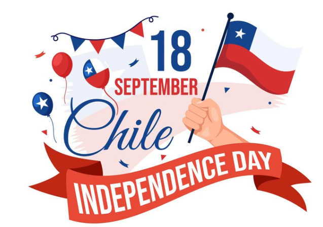 An illustration with a red ribbon reading "Independence Day". "Chile" and "18 September" are in blue.