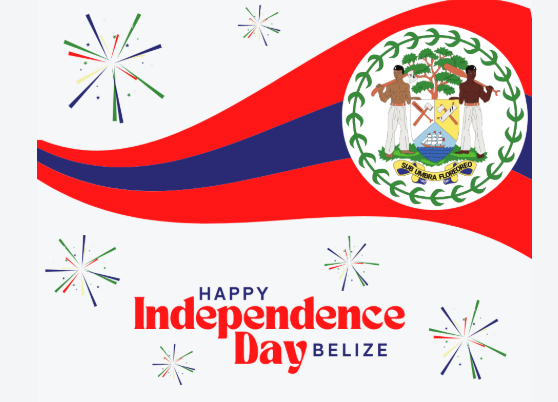 A graphic with the Belize flag, colorful fireworks, and text that reads "Happy Independence Day Belize."