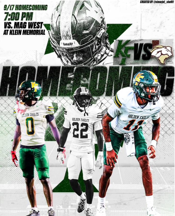 Three football players in jerseys and helmets. One in green, one in white and black, and one in white and yellow. Event is Homecoming at Klein Memorial.