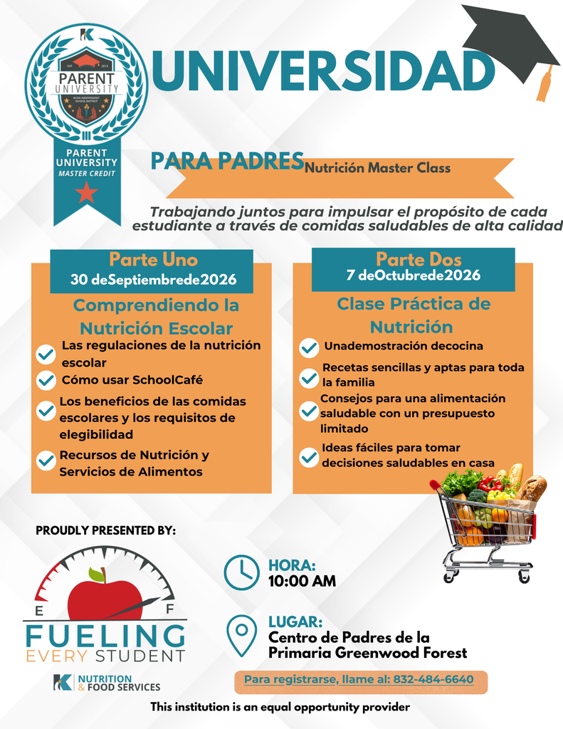 Brochure for a school nutrition class. Date: September 30 and October 7, 2026. Time: 10:00 AM. Location: Padres de la Primaria GreenWood Forest.
