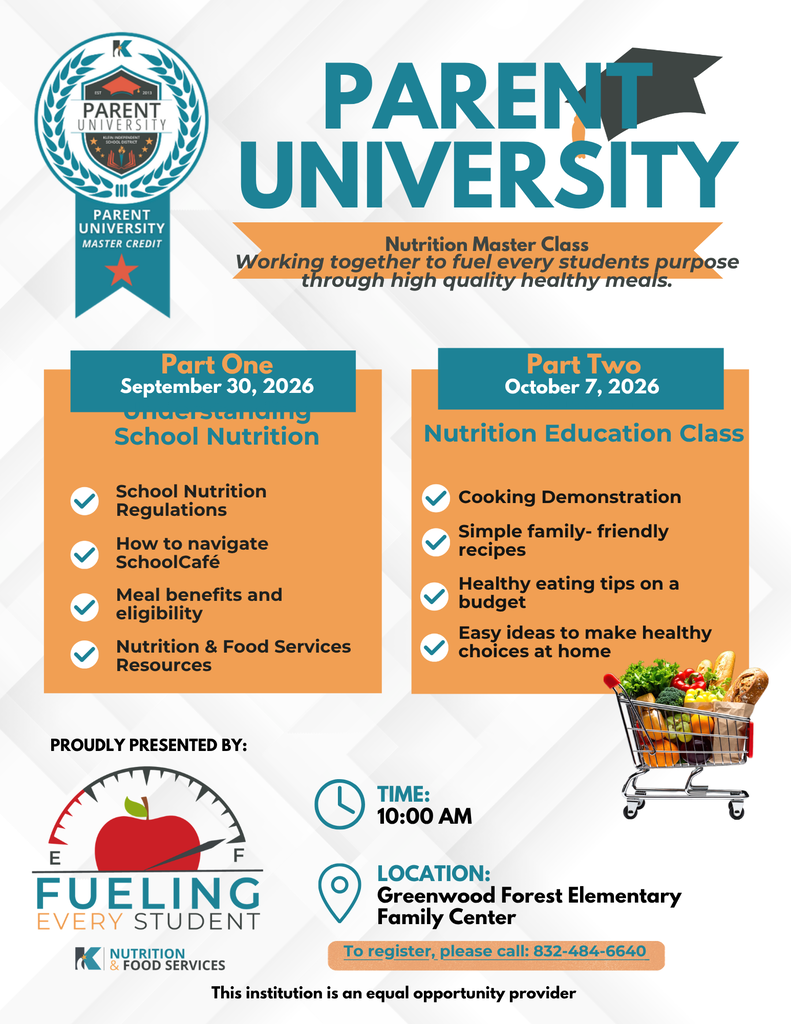 Parent University flyer for September 30, 2026, and October 7, 2026. Part One focuses on school nutrition regulations. Part Two offers cooking demonstrations.