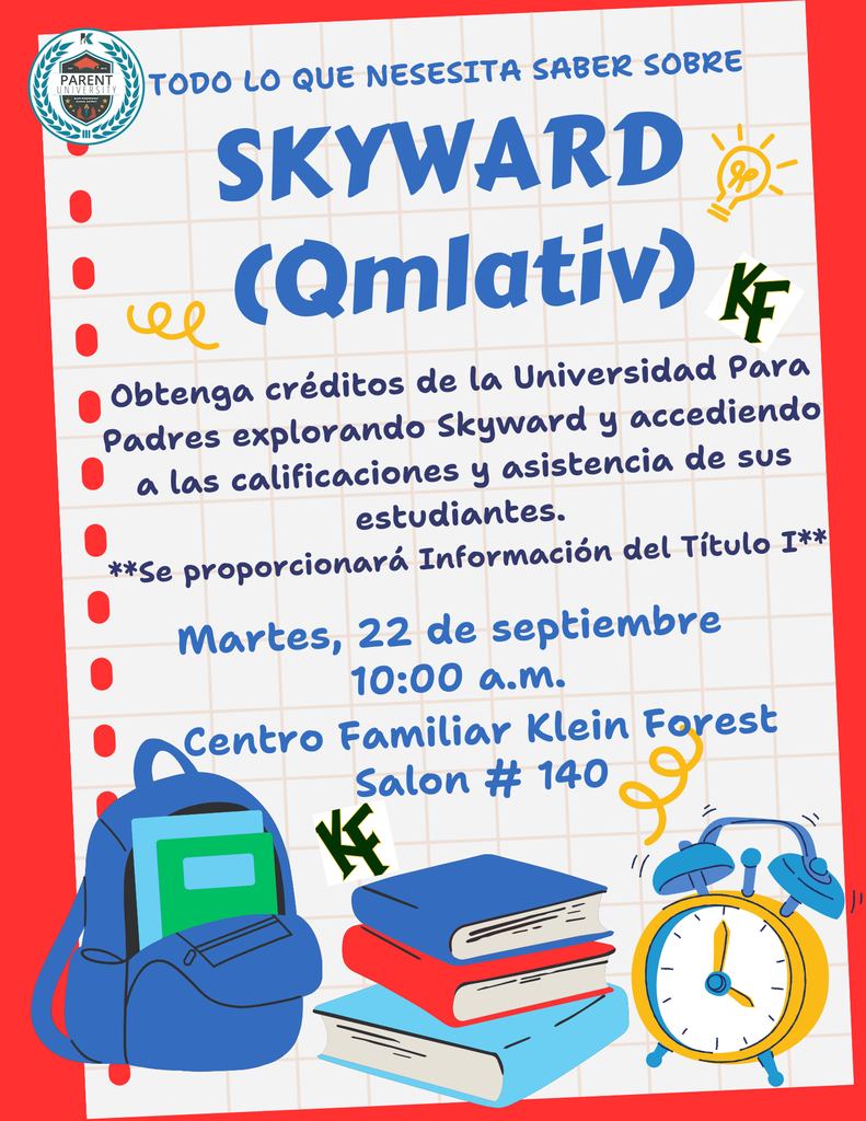 A flyer with Spanish text, featuring a backpack, books, an alarm clock, and a lightbulb icon. Background shows a notebook grid.