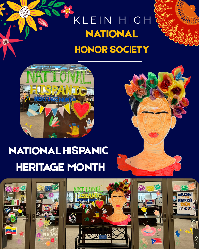 An advertisement for National Hispanic Heritage Month shows a decorated door, a woman's portrait, and a floral crown.
