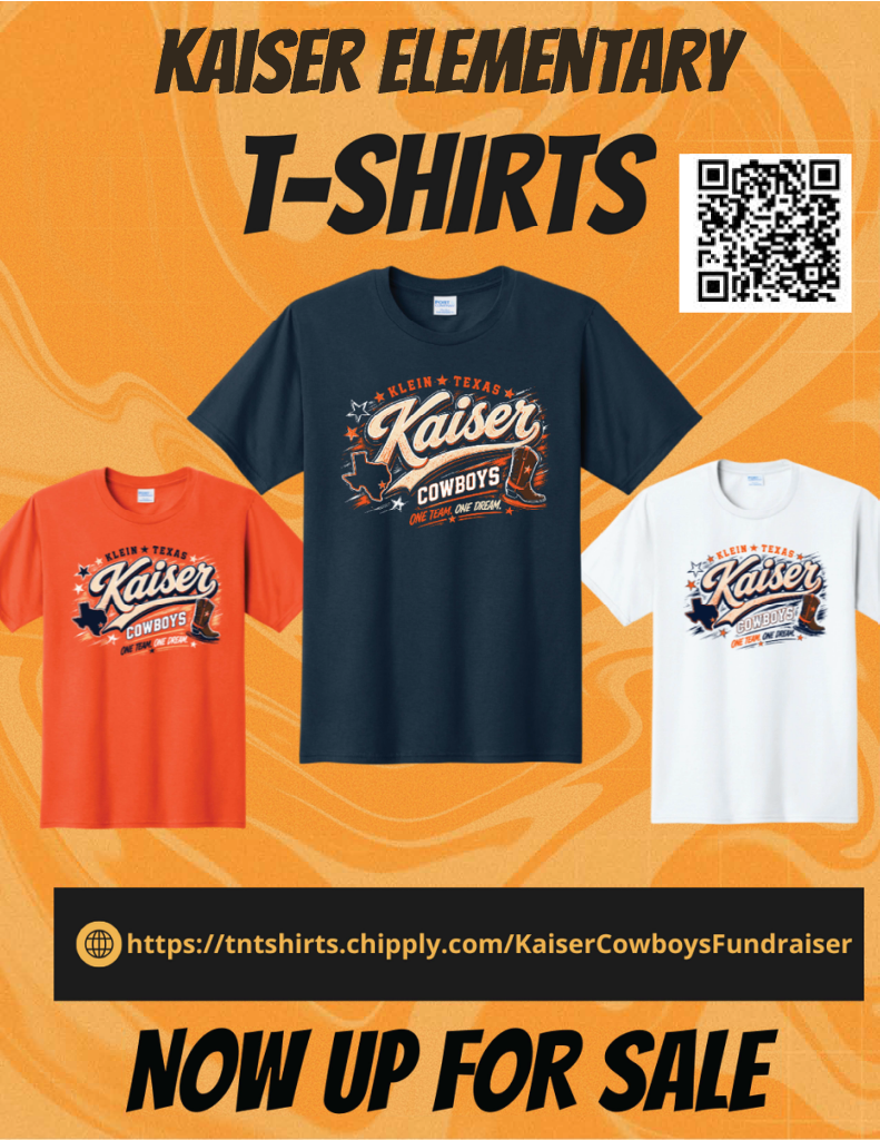 Three t-shirts are displayed: orange, navy, and white, with "Kaiser Elementary" and "Cowboys" text. A QR code is on the top right.