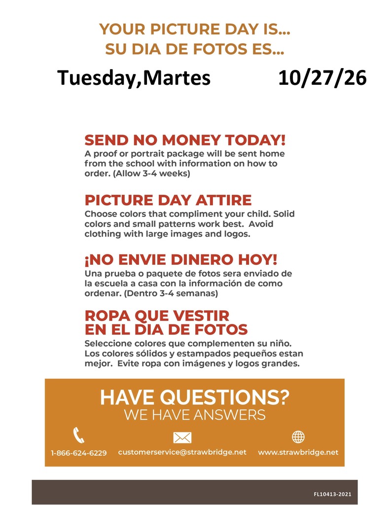 A flyer with orange and white background provides instructions for picture day. It includes dates, attire guidelines, and contact information.