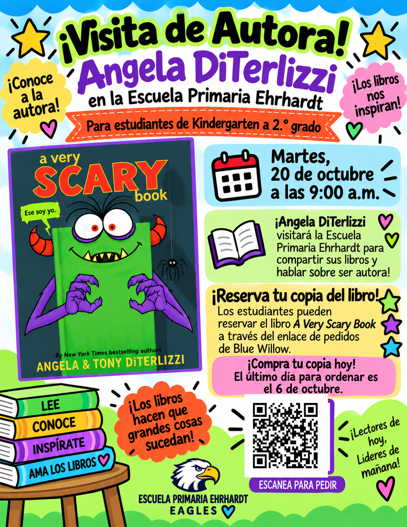 A flyer with bold text and illustrations. Features a book cover, a calendar, a QR code, and an eagle.