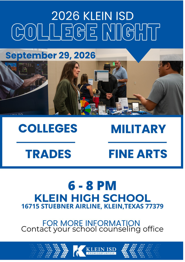Blue and white event flyer titled "2026 Klein ISD College Night" with people standing around tables.