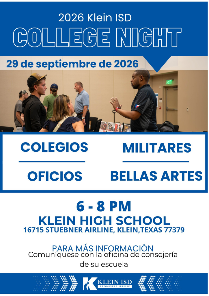 A poster for College Night at Klein High School, featuring people in various outfits, with information on colleges, military, and fine arts.