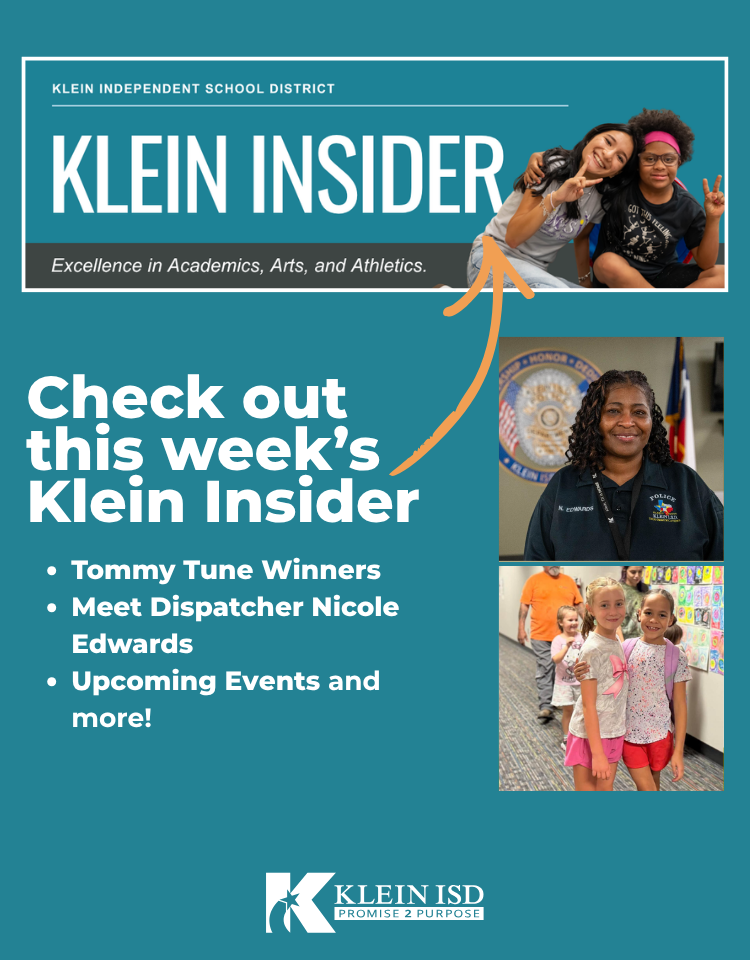 An advertisement highlights "Klein Insider" with a banner featuring people and images. Sections include Tommy Tune Winners, Meet Dispatcher Nicole Edwards, and Upcoming Events.