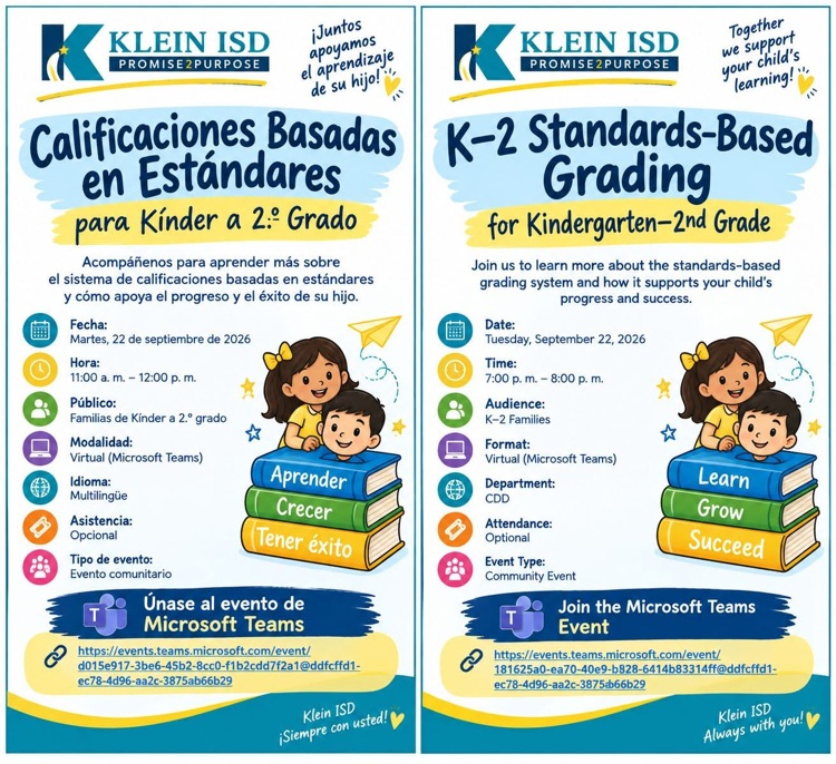 Standard based grading flyer, English, and Spanish