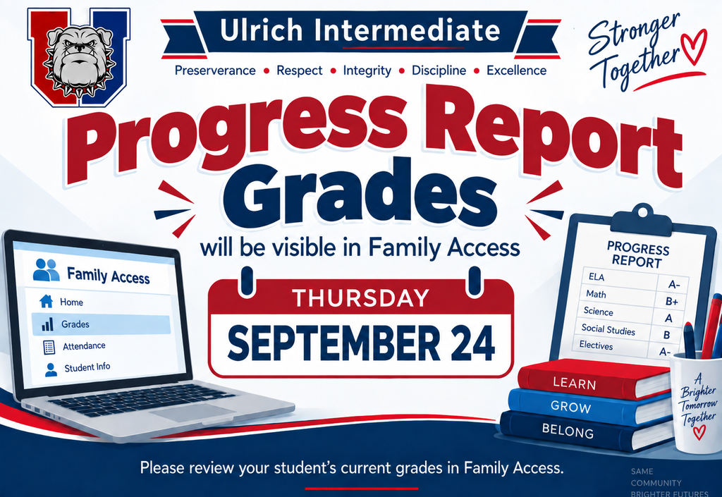 A graphic shows a laptop with the Family Access page open. The words "Progress Report Grades" and "Thursday, September 24" are prominent.