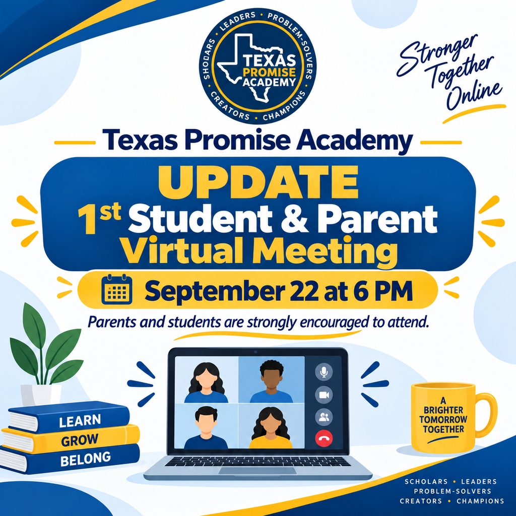 Blue and white banner featuring a virtual meeting. A laptop displays four people in a meeting.