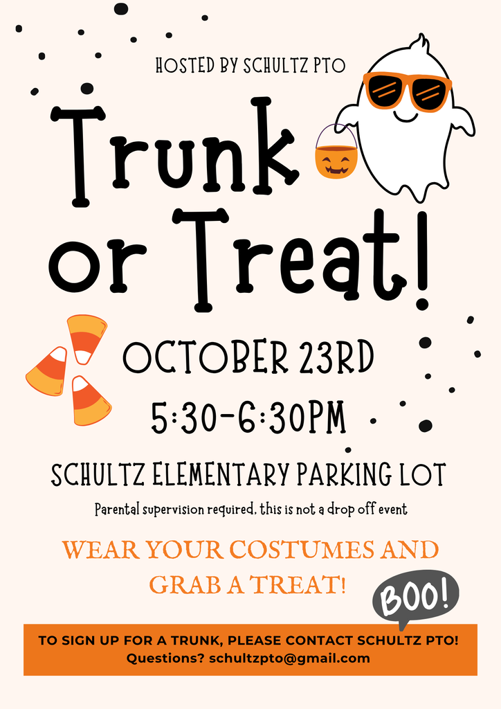 A flyer for an event reads "Trunk or Treat" on October 23rd. It shows a ghost, candy corn, and a pumpkin.