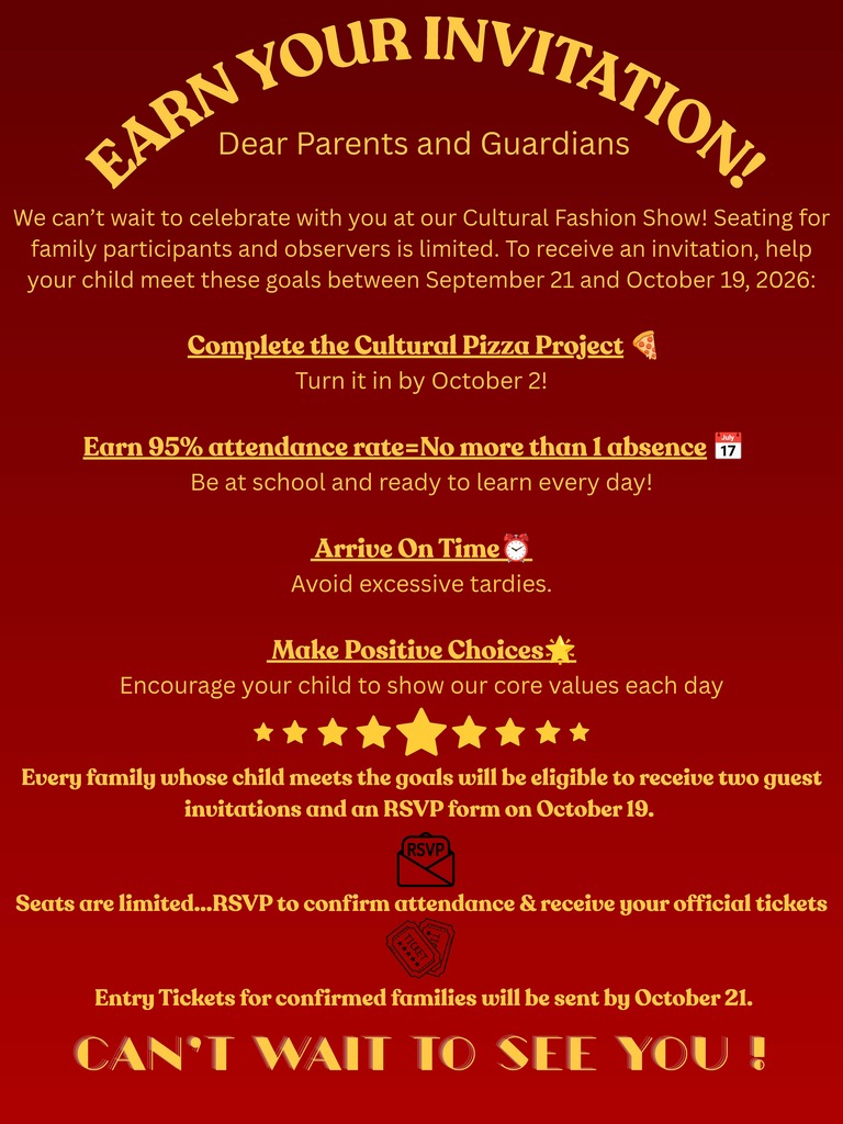 Red poster with white text. It reads, "Earn Your Invitation!" and "Dear Parents and Guardians."