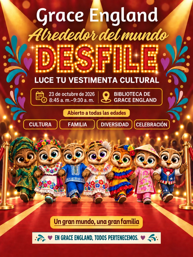 Poster with colorful illustrations of animals dressed in cultural attire. Bold text in red, white, and blue. The title reads "Grace England Alredor Del Mundo" with the date and venue.