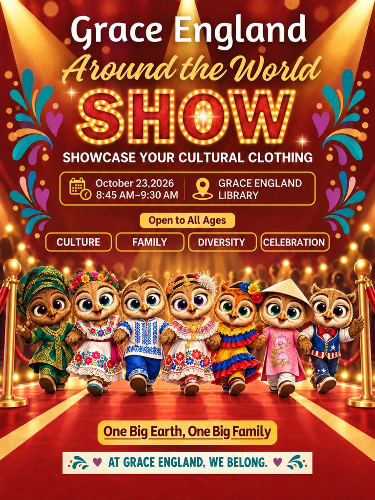 Poster for "Grace England Around the World Show." It displays cartoon animals in traditional clothing. The event is open to all ages.