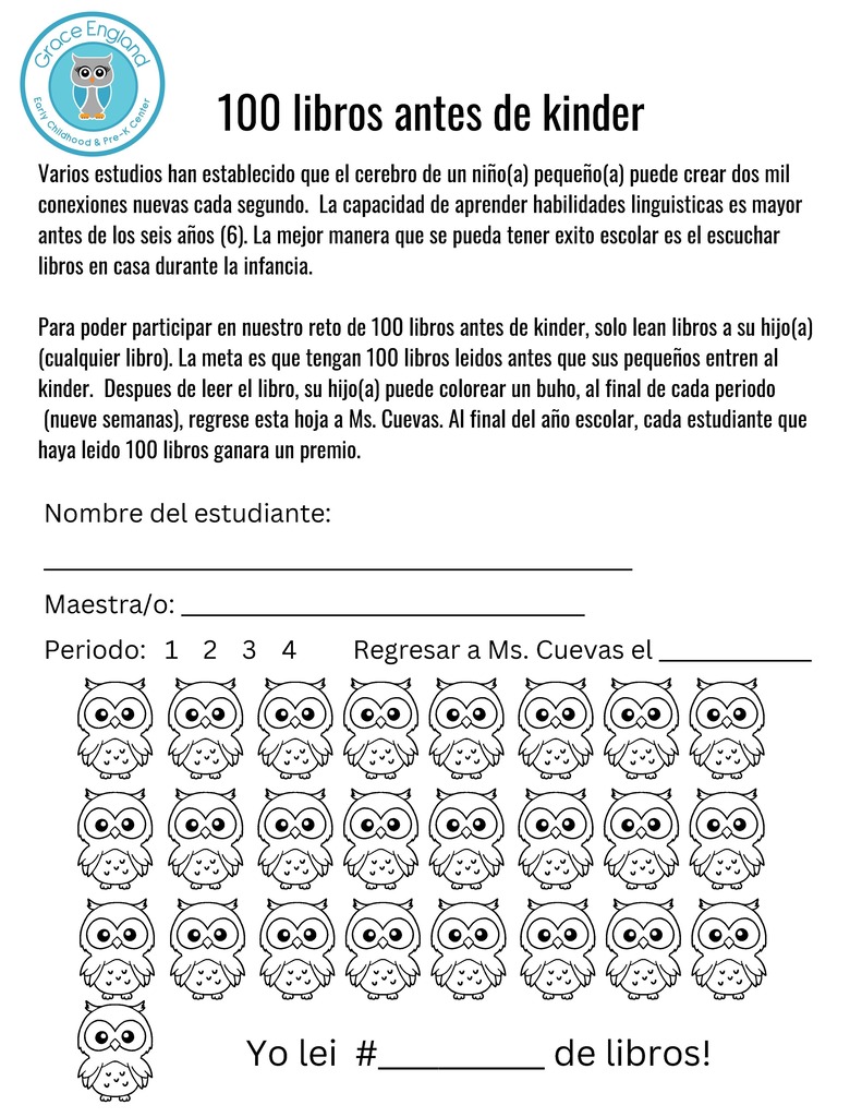 A form for a reading challenge asks for student's name, teacher's name, period, and the number of books read.