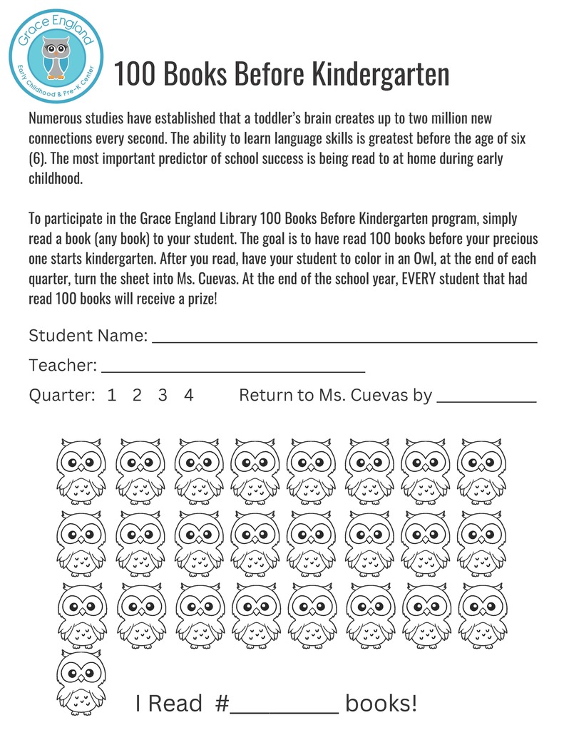 A form for a program, "100 Books Before Kindergarten", includes spaces for student and teacher names, and a grid with owls.