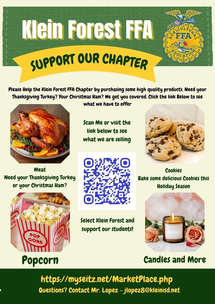 A poster promoting the Klein Forest FFA Chapter. It includes products like meat, cookies, popcorn, and candles. QR code for purchasing.