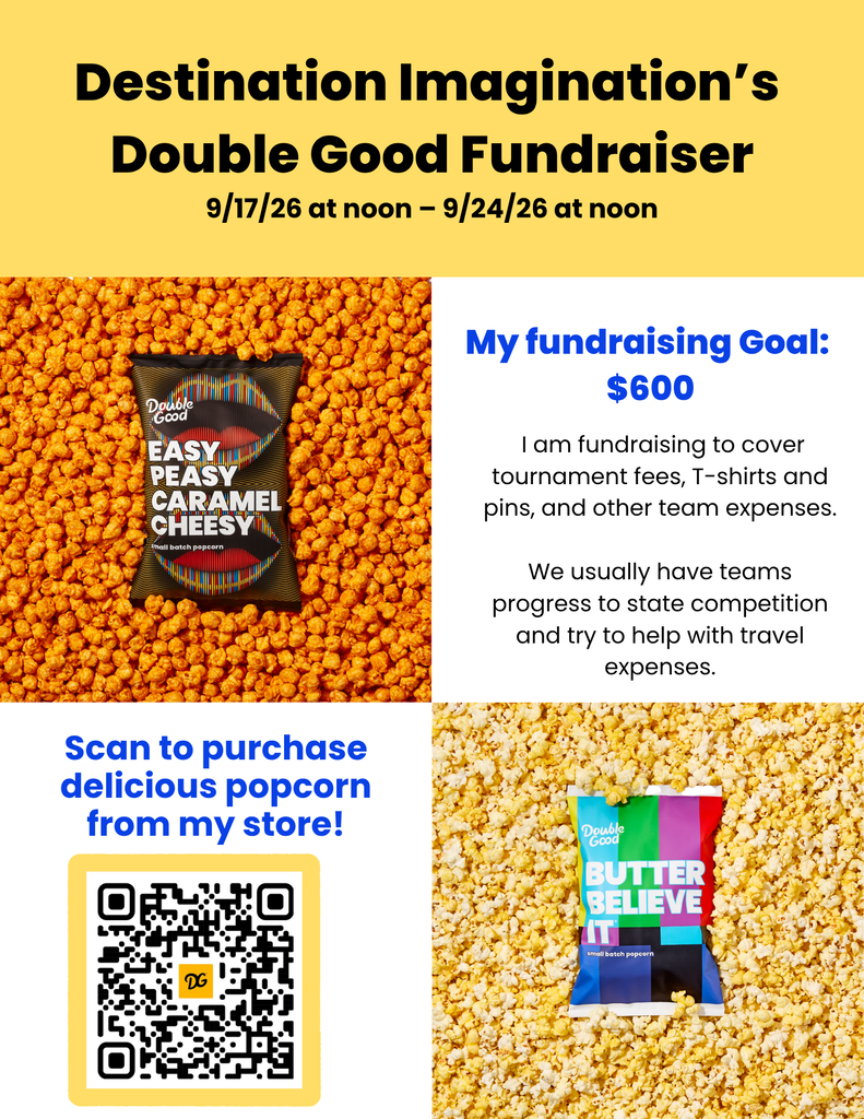 A yellow banner displays a fundraising event. It features popcorn snacks, a QR code, and a fundraising goal of $600.