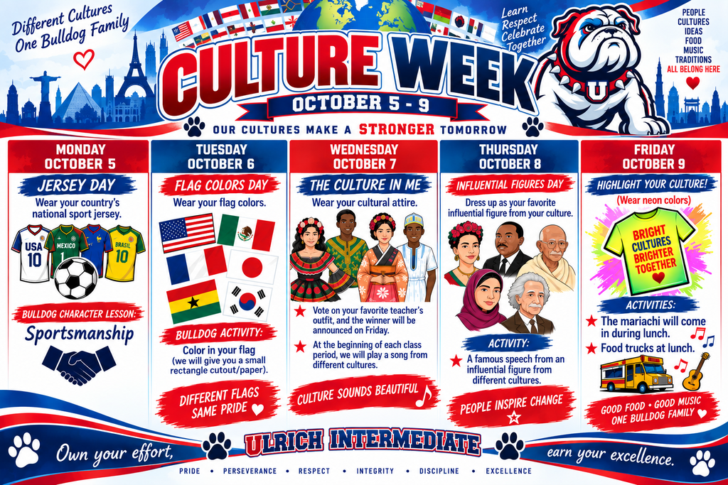 Poster for Culture Week at Ulrich Intermediate, October 5-9. It has images of people, flags, and cultural items.