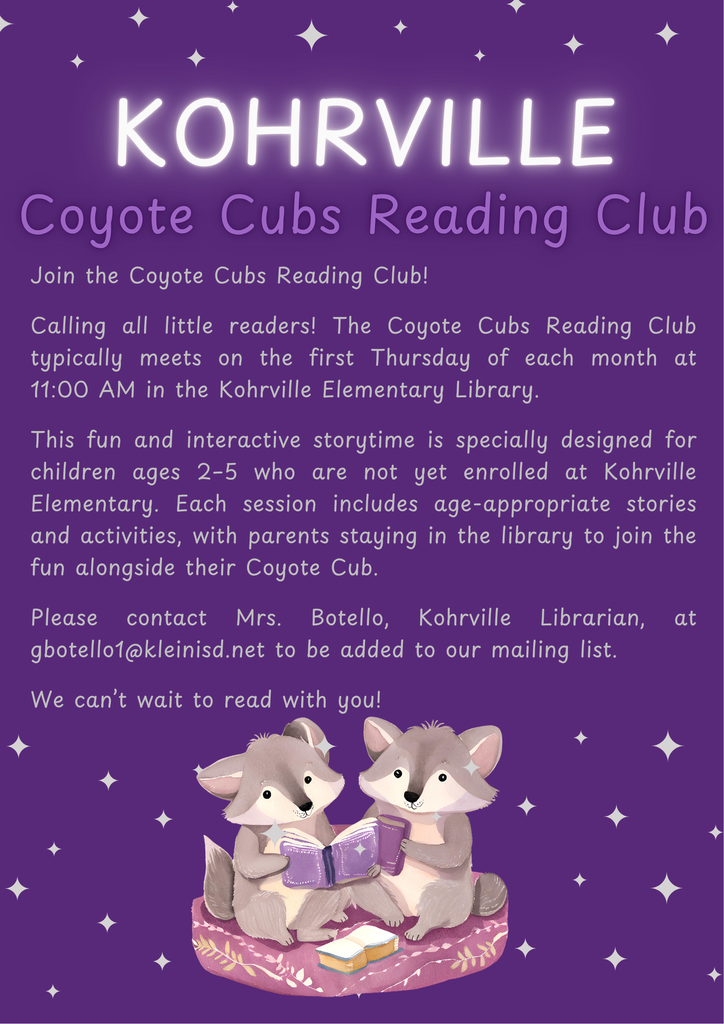 A poster invites children ages 2-5 to join the Coyote Cubs Reading Club, with three cubs sitting and reading.