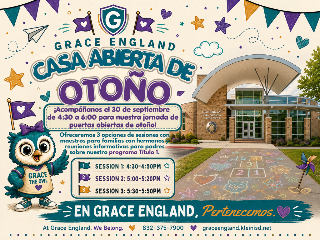 Event flyer with Spanish text "CASA ABIERTA DE OTOÑO" and an owl. Banner includes a building and a sidewalk with chalk art.