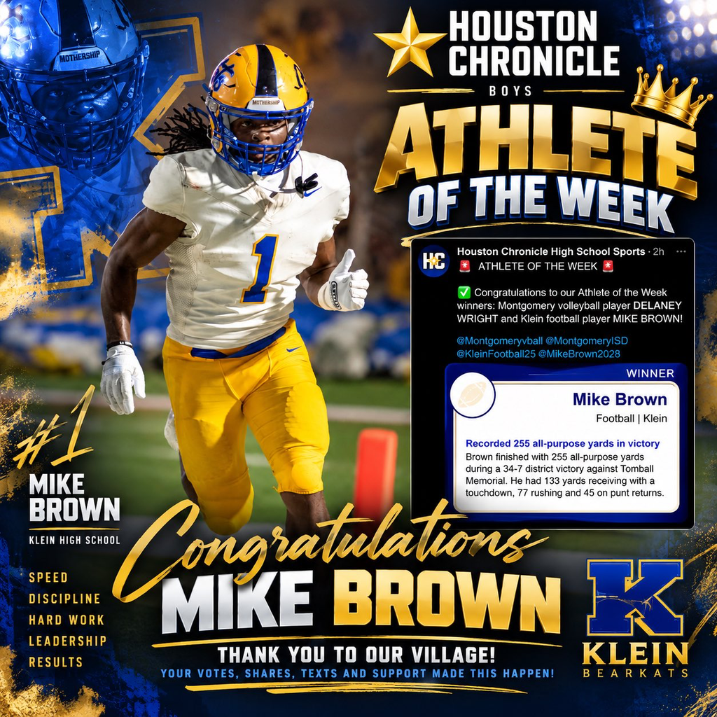 A digital recognition banner for Mike Brown, the Athlete of the Week. He wears a football uniform.