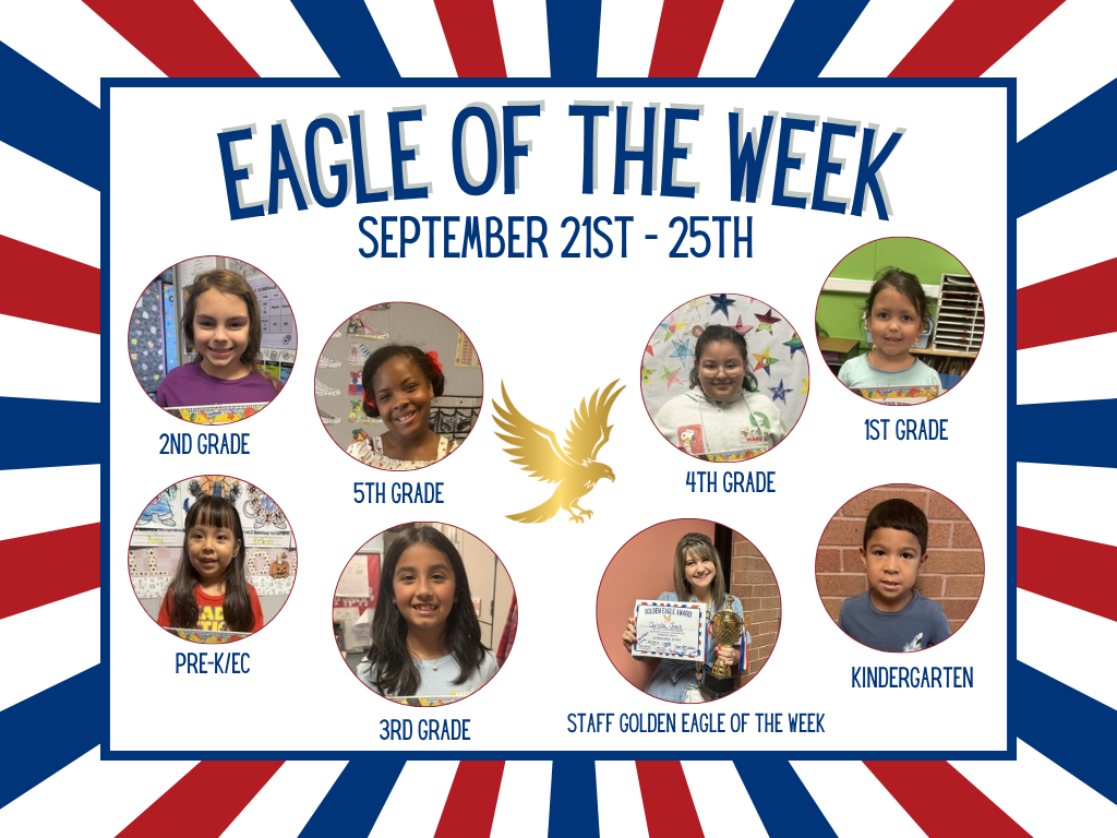 Display showing students in various grades, from Pre-K to 3rd, with an eagle symbol. Each student has a label.