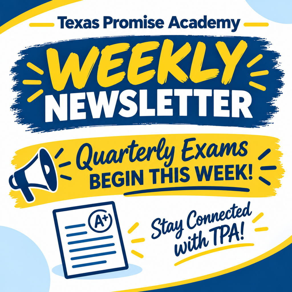 Blue and yellow design with "Weekly Newsletter" in bold yellow. A megaphone icon and a paper with a grade.