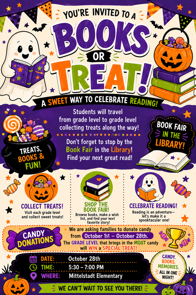 Poster for "Books or Treat" event with spooky graphics, text for an invitation, and a schedule.