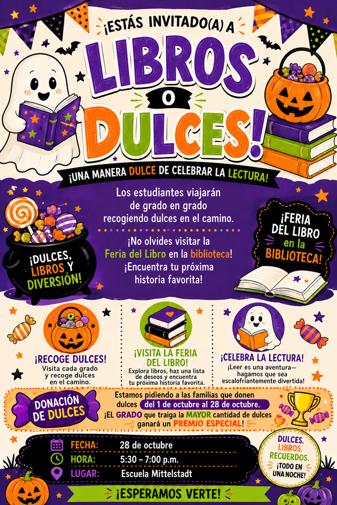 A poster with Halloween-themed decorations highlights an invitation to the "Libros O Dulces!" event. It features a book, a pumpkin, a ghost, and other Halloween items.