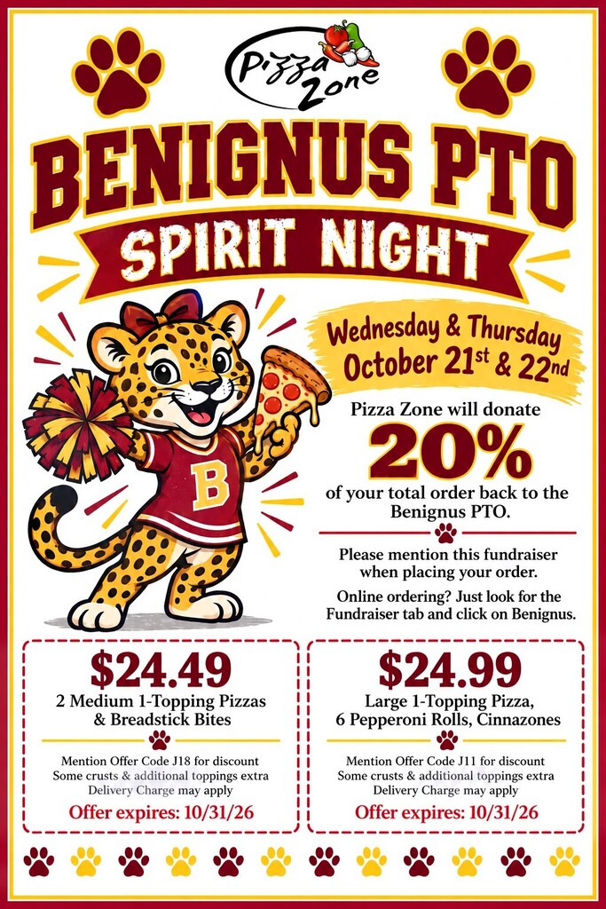An advertisement for "Benignus PTO Spirit Night" features a cartoon leopard mascot, menu items, and donation information.