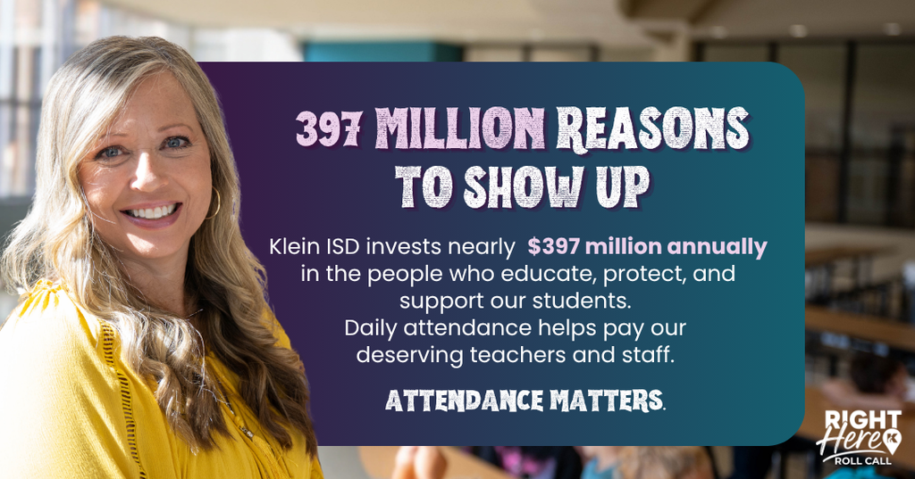 Woman with blonde hair smiles for a poster. Text reads "397 Million Reasons to Show Up." Background: Blurry classroom.