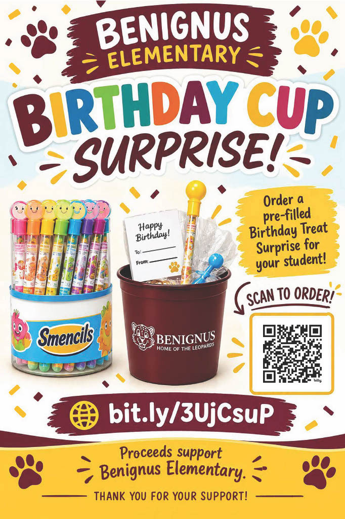 A colorful poster with a bucket of pencils and a pen. Text reads "Birthday Cup Surprise!". QR code for ordering.