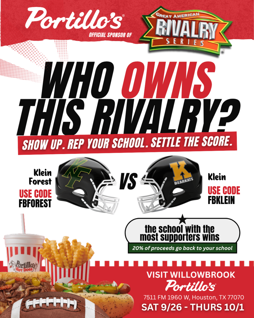 Promotional poster for Portillo's Rivalry Series. Helmets of two teams face off with codes to use. Food items and a stadium backdrop.