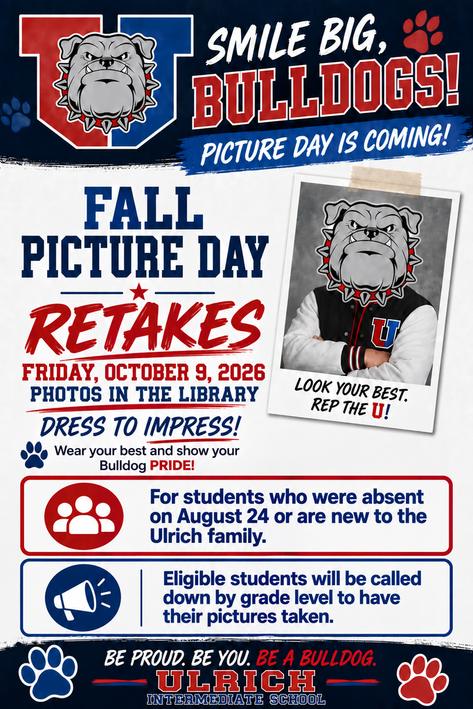 Poster with a bulldog mascot, "Fall Picture Day Retakes" heading, and details about retakes on Friday, October 2026, for students absent on August 24.